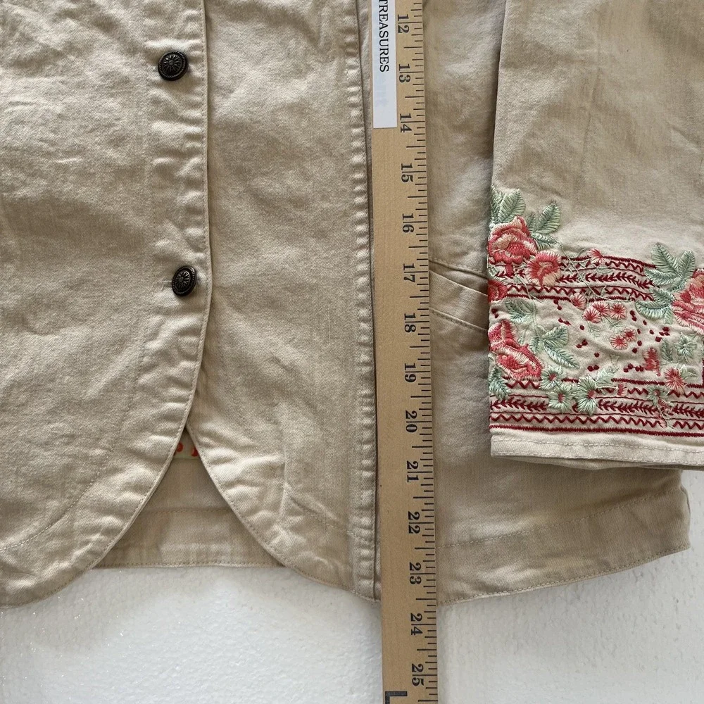 Denim & Co. Beige Jacket Women‎ Small Floral Embroidered Cuffs Cozy Cotton Blend